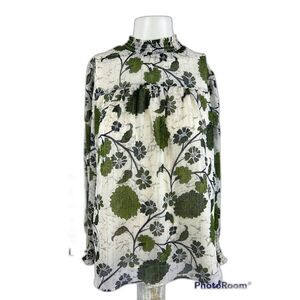 Zac & Rachel Womens High Neck Floral Long Sleeve Blouse Top Green Cream Sz Small